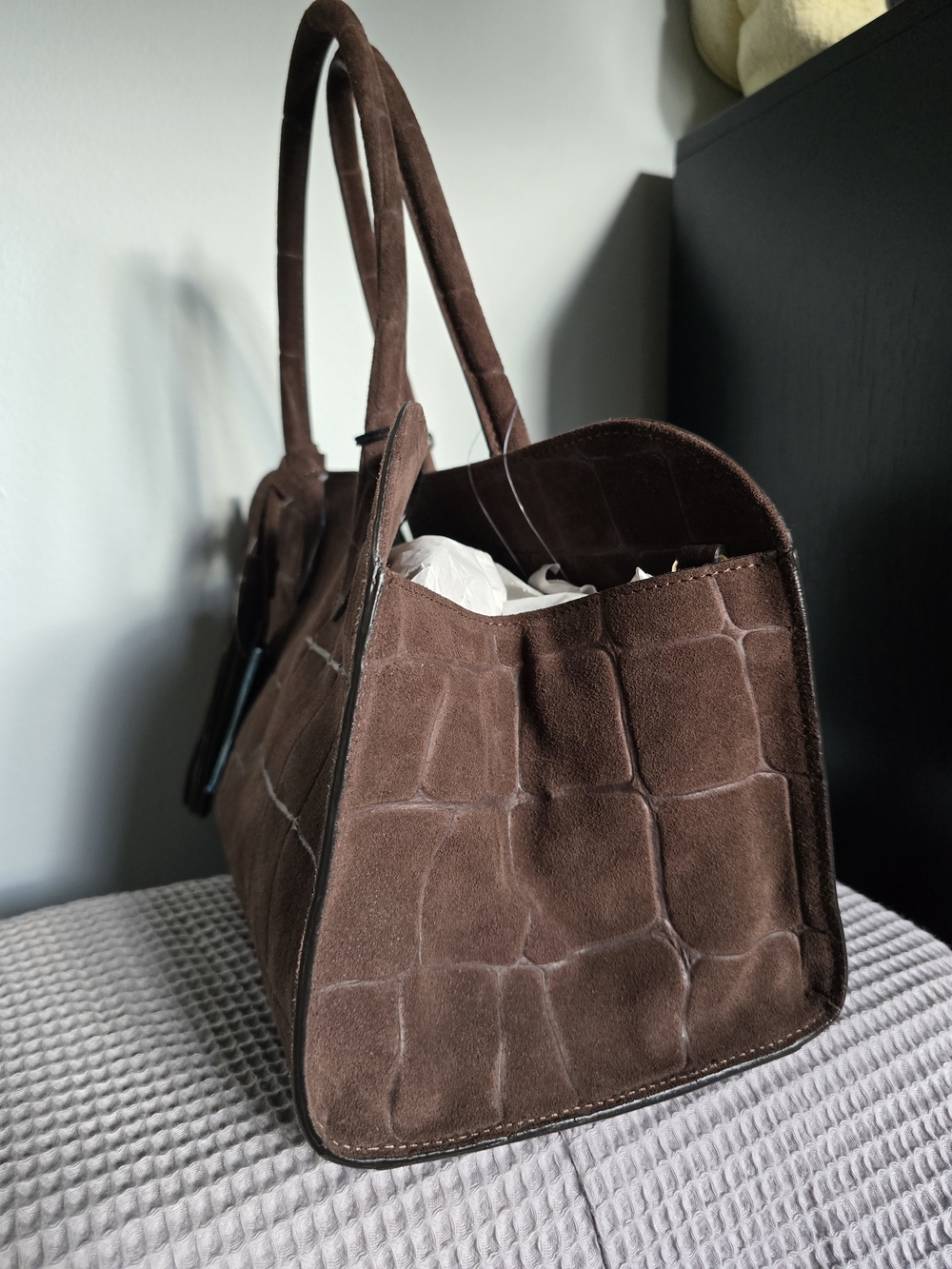 Genuine Leather Suede Croc-Embossed Claudia Firenze Brown Bag with Tassel NWT - Picture 5 of 12